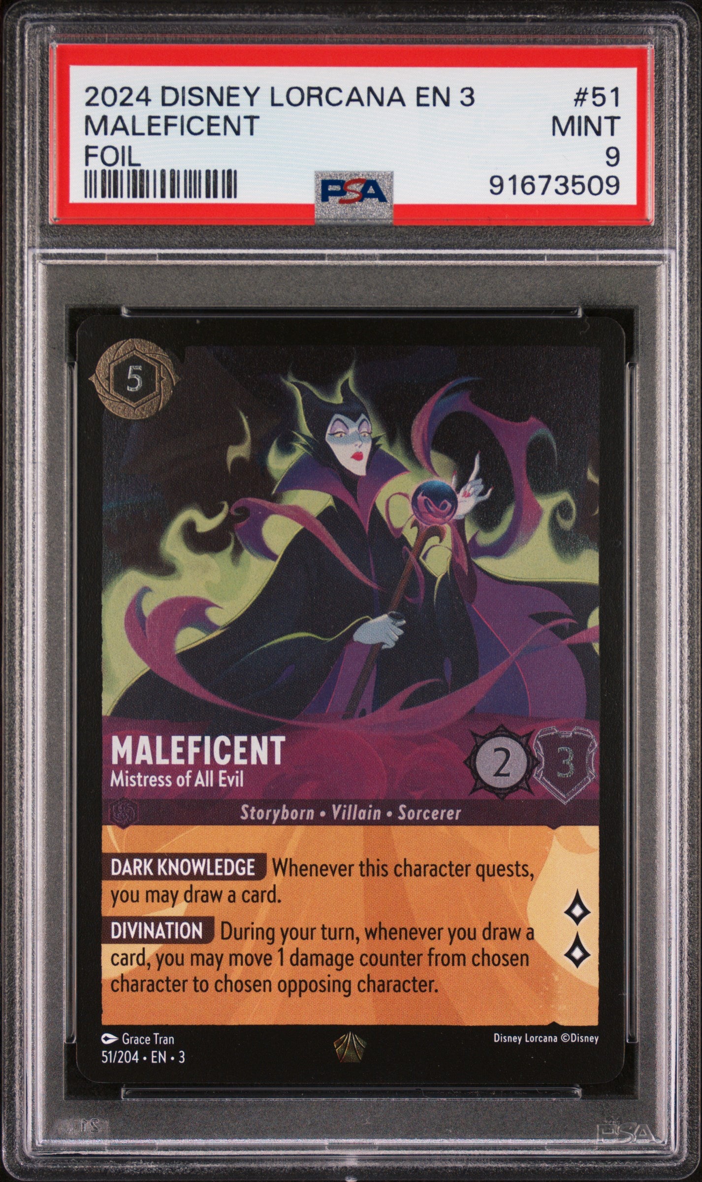 2024 DISNEY LORCANA EN 3-INTO THE INKLANDS MALEFICENT #51 FOIL PSA 9