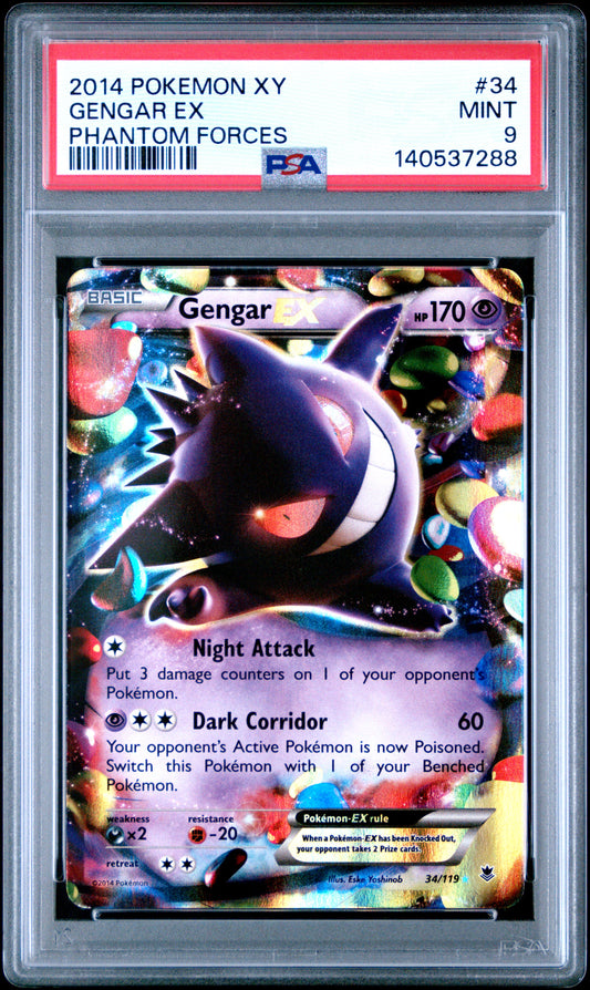 2014 POKEMON XY PHANTOM FORCES GENGAR EX #34 PHANTOM FORCES PSA 9