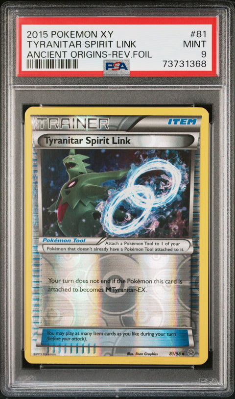 2015 POKEMON XY ANCIENT ORIGINS TYRANITAR SPIRIT LINK #81 PSA 9 - Image 1