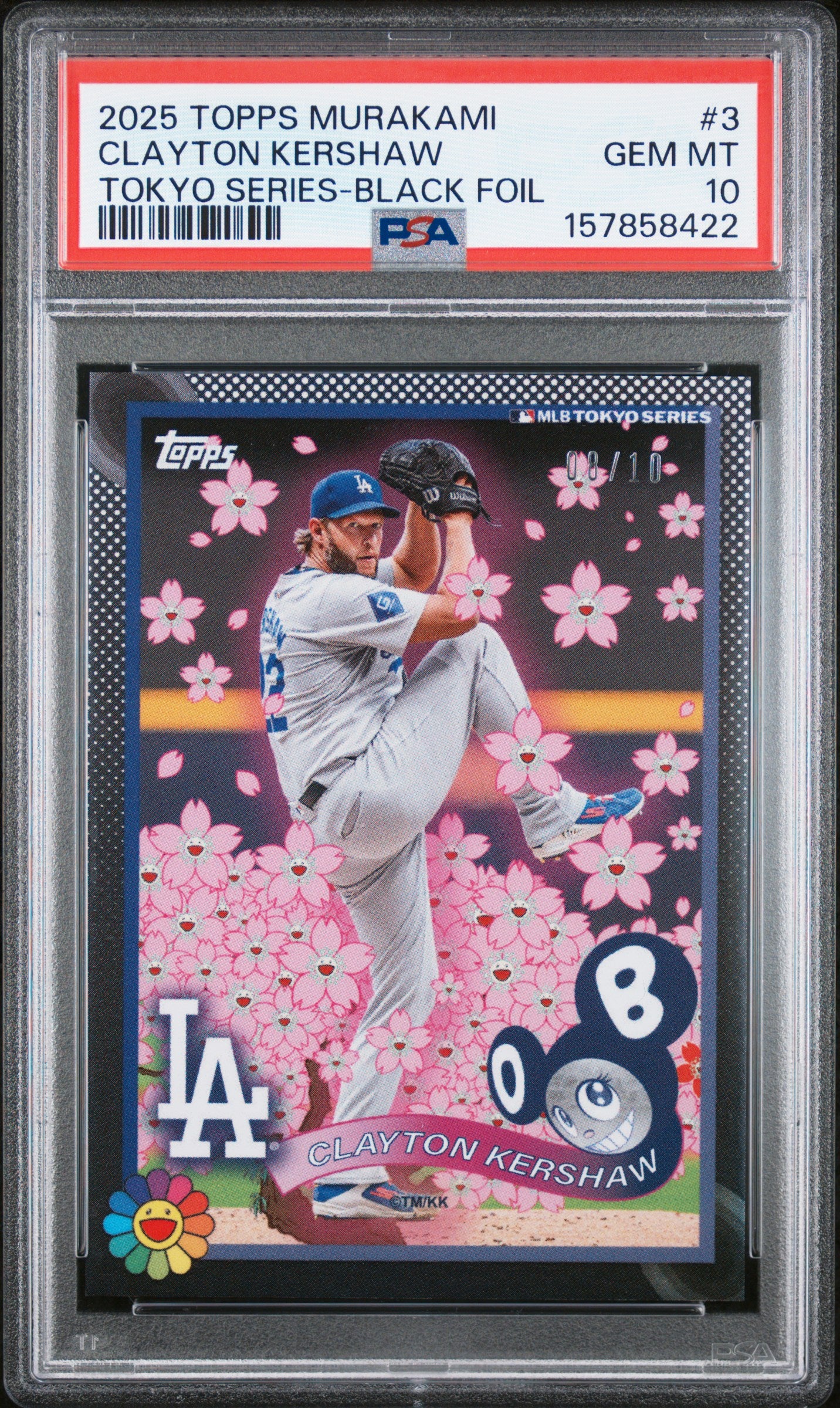 2025 TOPPS TAKASHI MURAKAMI MLB WORLD TOUR TOKYO SERIES CLAYTON KERSHAW #3 TOKYO SERIES-BLACK FOIL PSA 10