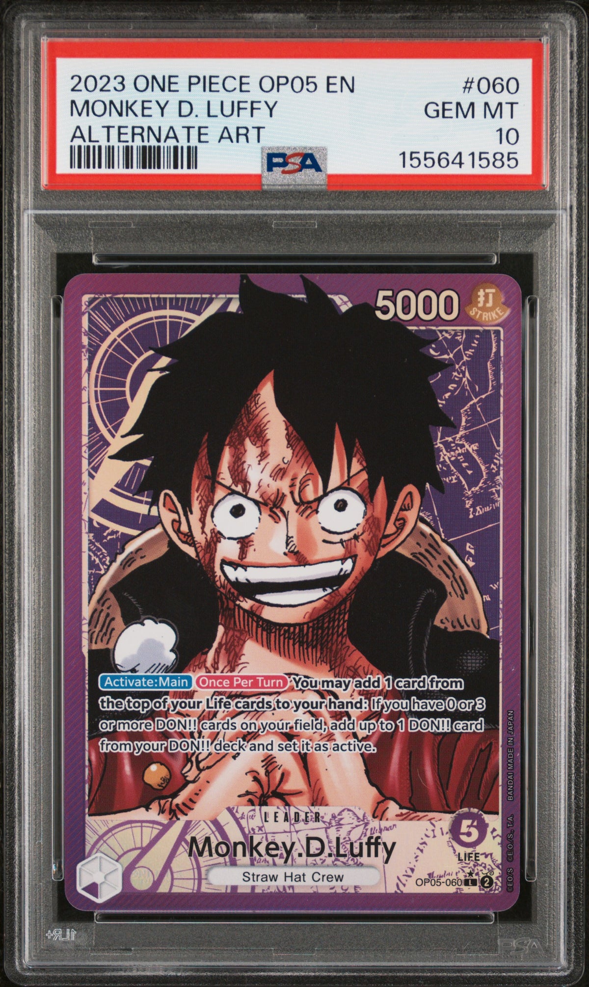 2023 ONE PIECE OP05-AWAKENING OF THE NEW ERA MONKEY D. LUFFY #060 ALTERNATE ART PSA 10