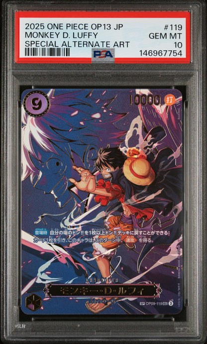 2025 ONE PIECE JAPANESE OP13-CARRYING ON HIS WILL MONKEY D. LUFFY #119 SPECIAL ALTERNATE ART PSA 10