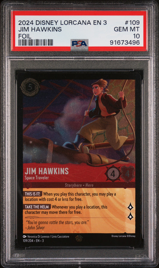 2024 DISNEY LORCANA EN 3-INTO THE INKLANDS JIM HAWKINS #109 FOIL PSA 10