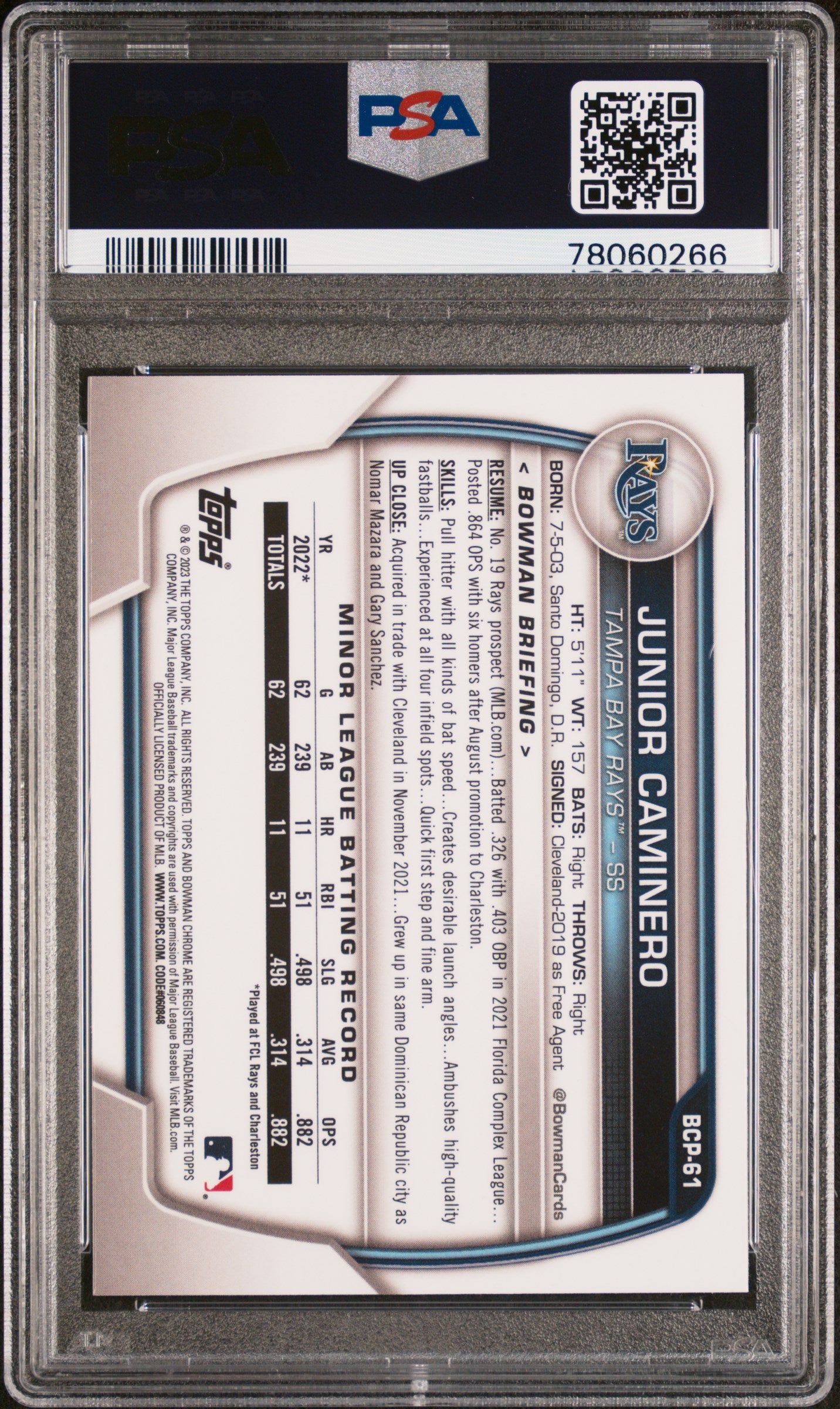 2023 BOWMAN SAPPHIRE EDITION CHROME PROSPECTS JUNIOR CAMINERO #BCP61 CHROME PROSPECTS PSA 10