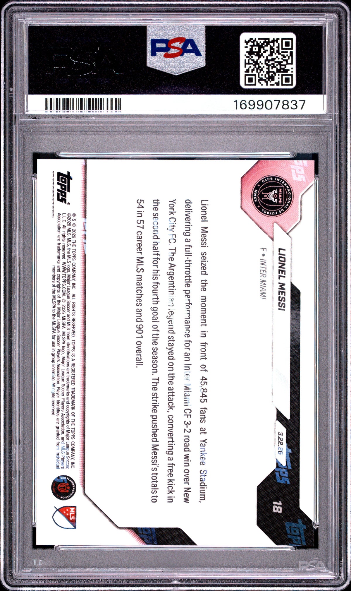 2026 TOPPS NOW MLS LIONEL MESSI #18 PSA 10