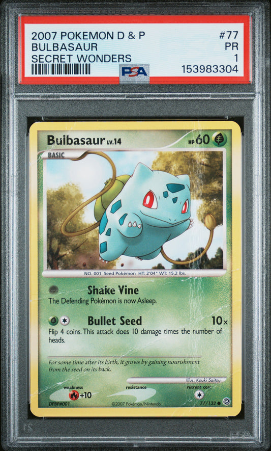 2007 POKEMON DIAMOND & PEARL SECRET WONDERS BULBASAUR #77 SECRET WONDERS PSA 1