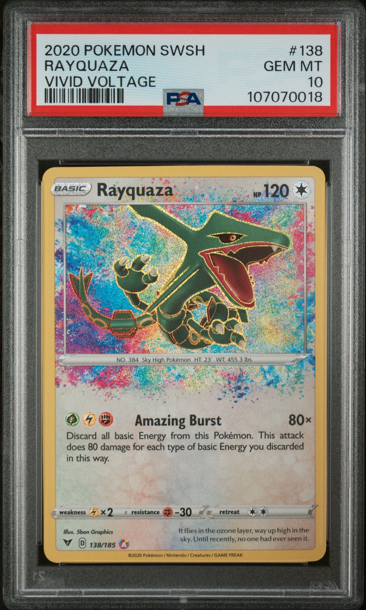 2020 POKEMON SWORD & SHIELD VIVID VOLTAGE RAYQUAZA #138 VIVID VOLTAGE PSA 10