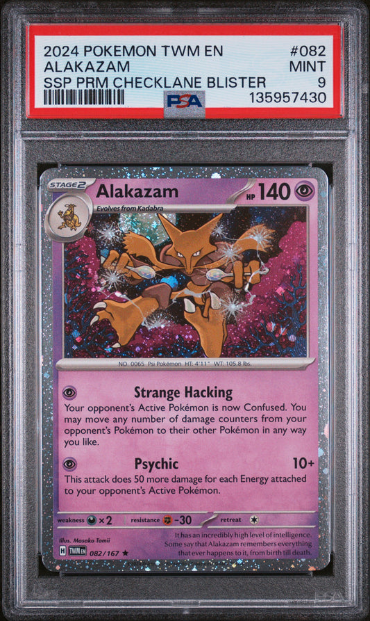 2024 POKEMON TWM EN-TWILIGHT MASQUERADE ALAKAZAM #082 SSP PRM CHECKLANE BLISTER PSA 9