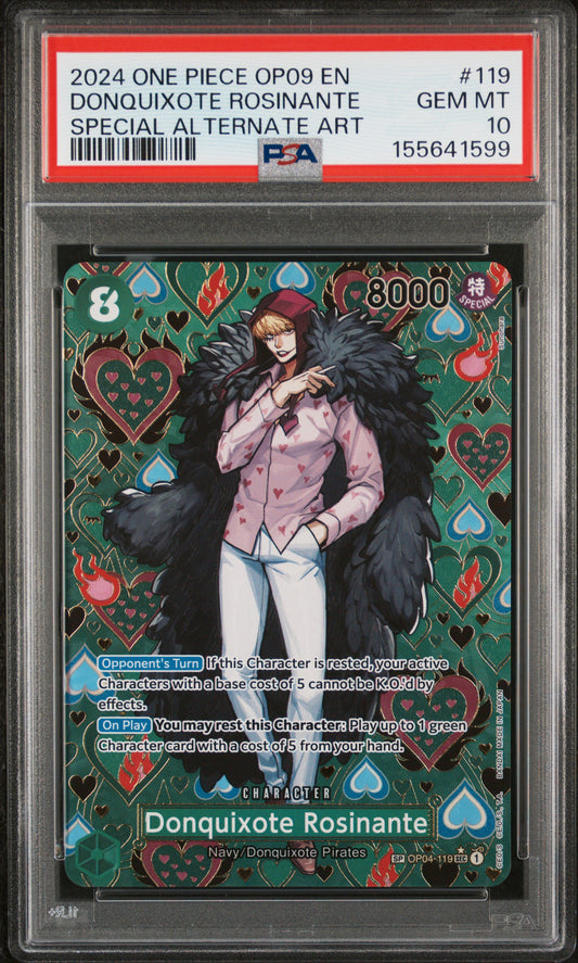 2024 ONE PIECE OP09-EMPERORS IN THE NEW WORLD DONQUIXOTE ROSINANTE #119 SPECIAL ALTERNATE ART PSA 10