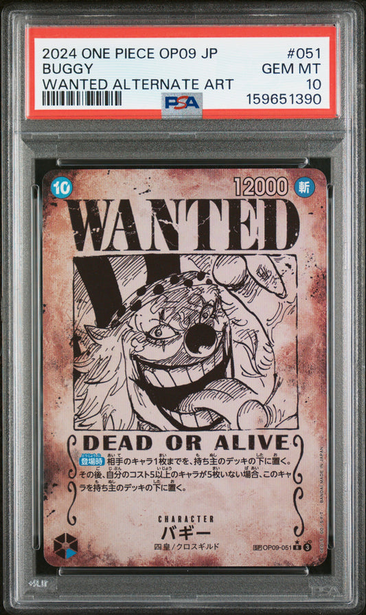 2024 ONE PIECE JAPANESE OP09-EMPERORS IN THE NEW WORLD BUGGY #051 WANTED ALTERNATE ART PSA 10