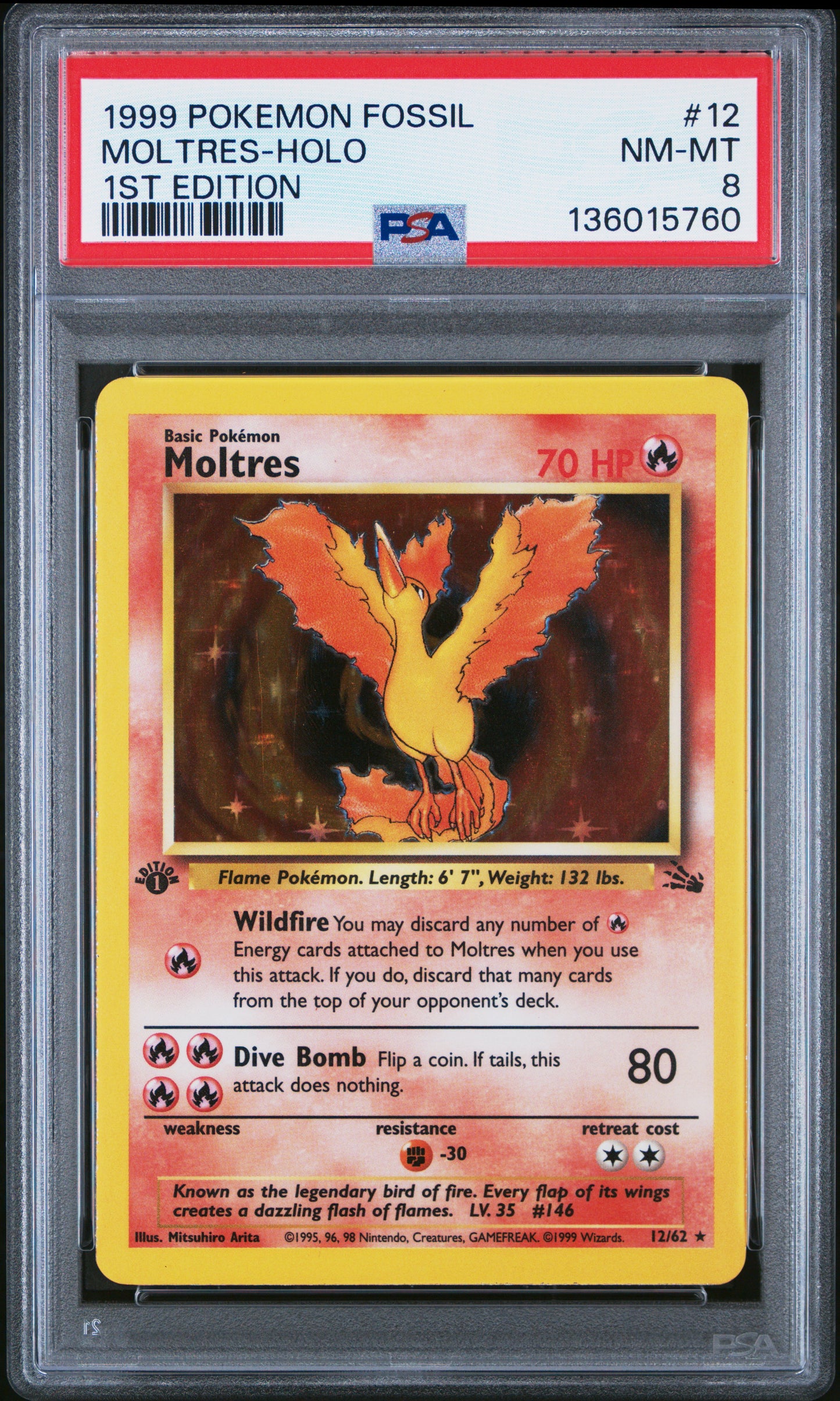 1999 POKEMON FOSSIL MOLTRES-HOLO #12 1ST EDITION PSA 8
