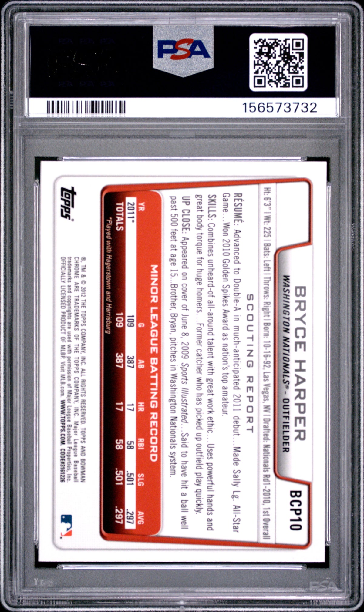 2012 BOWMAN PROSPECTS BRYCE HARPER #BCP10 CHROME PSA 10