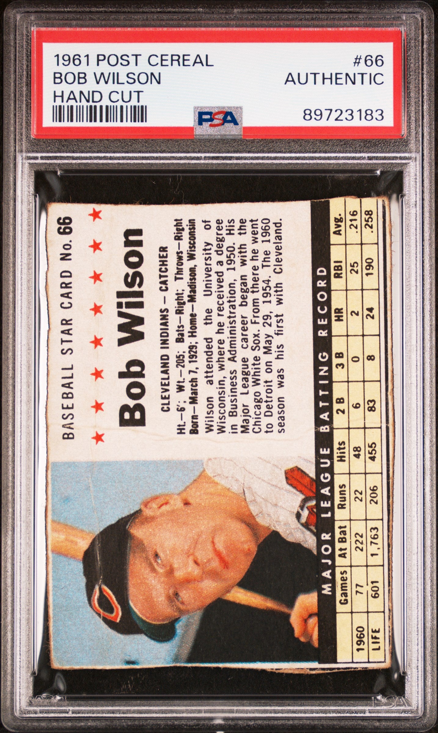 1961 POST CEREAL BOB WILSON #66 HAND CUT PSA 0