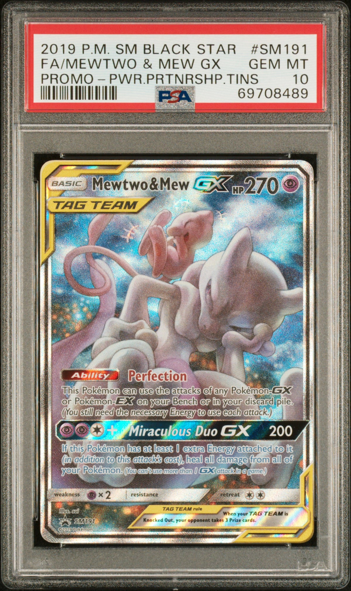 2019 POKEMON SM BLACK STAR PROMO FA/MEWTWO & MEW GX #SM191 PROMO-PWR.PRTNRSHP.TINS PSA 10
