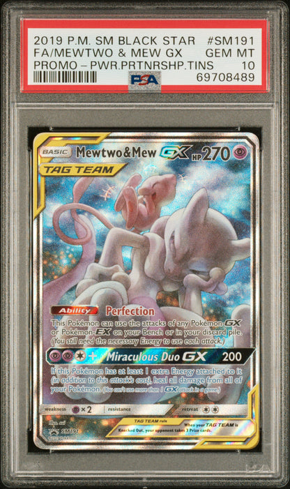 2019 POKEMON SM BLACK STAR PROMO FA/MEWTWO & MEW GX #SM191 PROMO-PWR.PRTNRSHP.TINS PSA 10