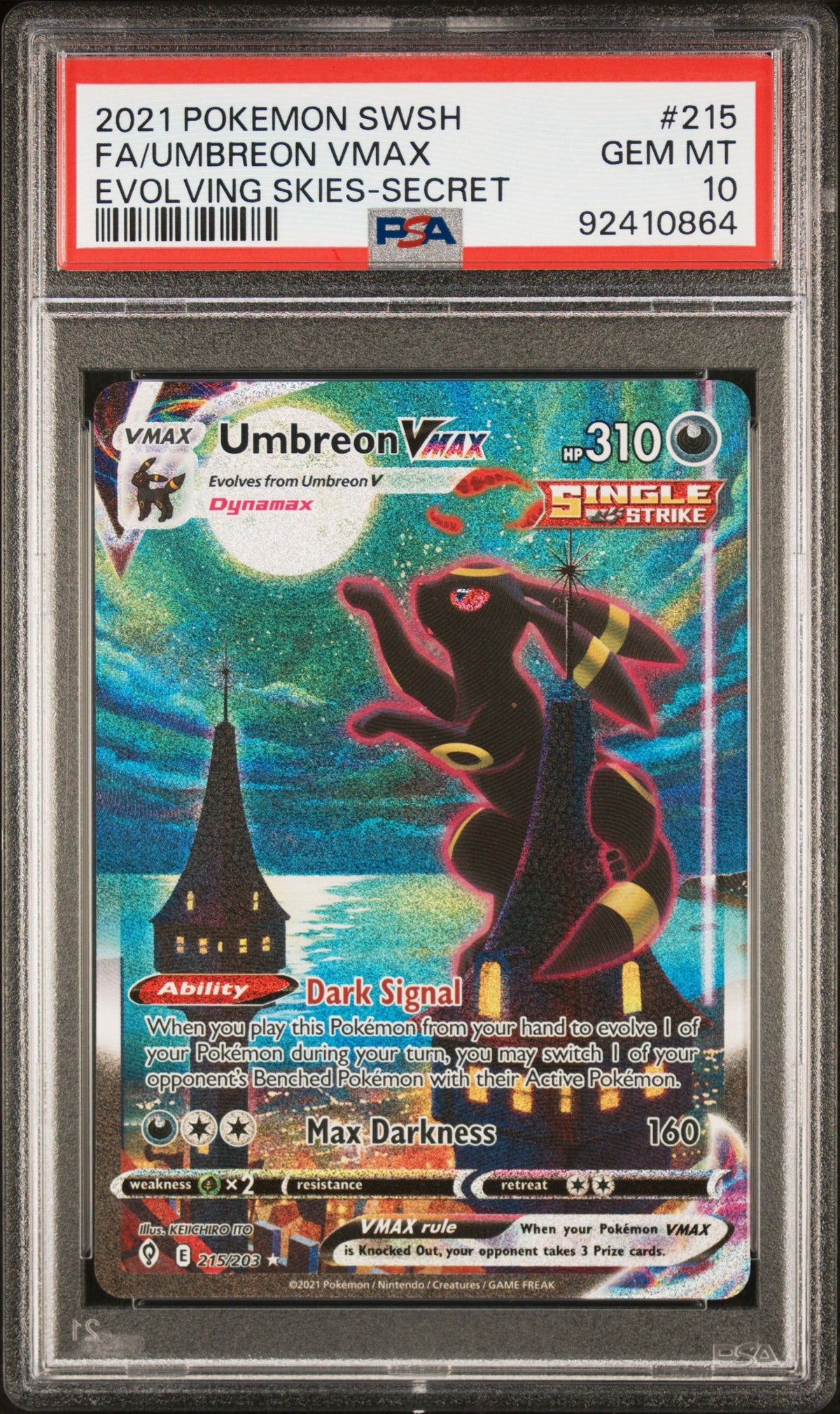 2021 POKEMON SWORD & SHIELD EVOLVING SKIES FA/UMBREON VMAX #215 EVOLVING SKIES-SECRET PSA 10