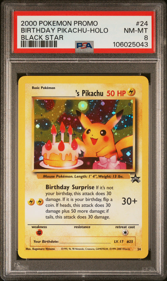 2000 POKEMON PROMO BLACK STAR BIRTHDAY PIKACHU-HOLO #24 BLACK STAR PSA 8