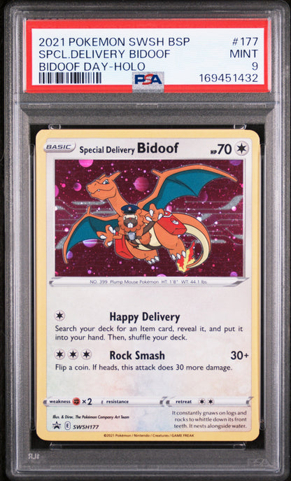 2021 POKEMON SWORD & SHIELD BLACK STAR PROMOS SPCL.DELIVERY BIDOOF #177 BIDOOF DAY-HOLO PSA 9
