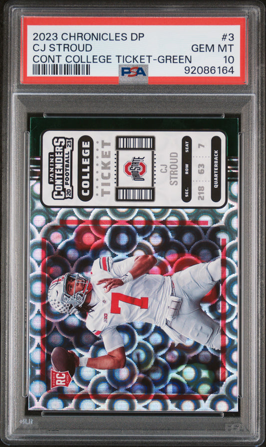 2023 PANINI CHRONICLES DRAFT PICKS CONTENDERS COLLEGE TICKET CJ STROUD #3 CONT COLLEGE TICKET-GREEN PSA 10