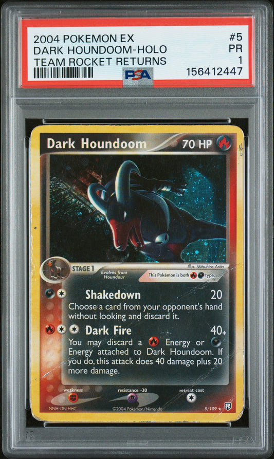 2004 POKEMON EX TEAM ROCKET RETURNS DARK HOUNDOOM-HOLO #5 TEAM ROCKET RETURNS PSA 1