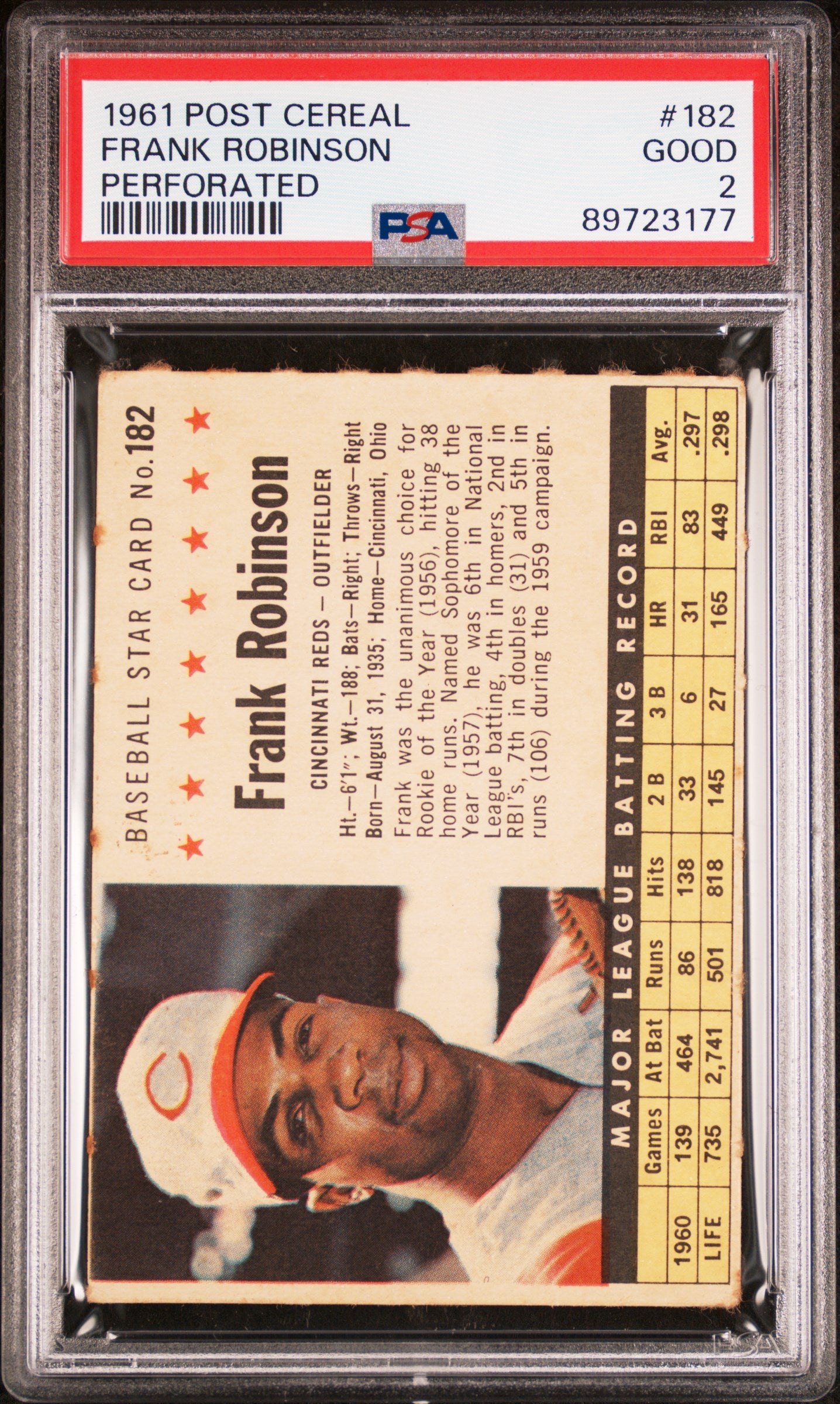 1961 POST CEREAL FRANK ROBINSON #182 PERFORATED PSA 2