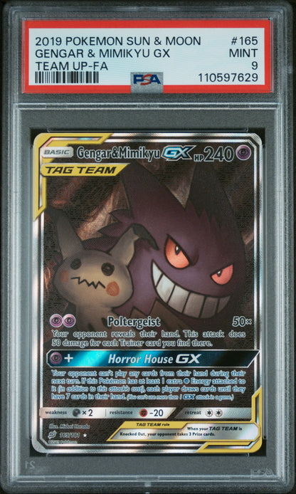 2019 POKEMON SUN & MOON TEAM UP GENGAR & MIMIKYU GX #165 TEAM UP-FA PSA 9