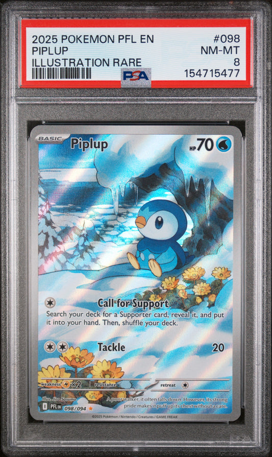 2025 POKEMON PFL EN-PHANTASMAL FLAMES PIPLUP #098 ILLUSTRATION RARE PSA 8