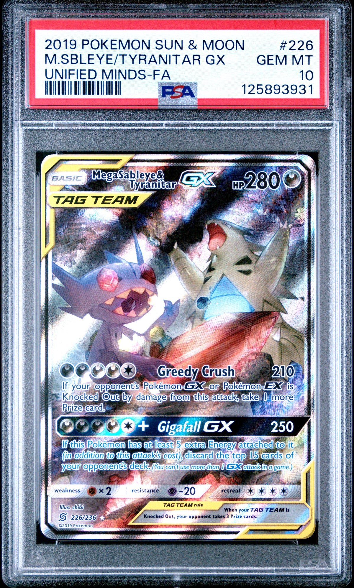 2019 POKEMON SUN & MOON UNIFIED MINDS M.SBLEYE/TYRANITAR GX #226 UNIFIED MINDS-FA PSA 10