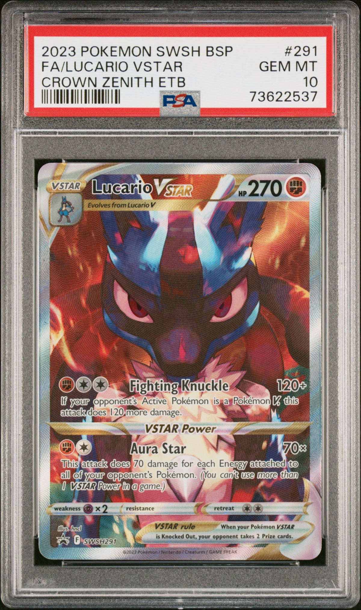 2023 POKEMON SWSH BLACK STAR PROMO FA/LUCARIO VSTAR #291 CROWN ZENITH ETB PSA 10