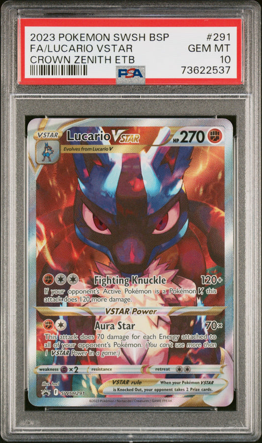 2023 POKEMON SWSH BLACK STAR PROMO FA/LUCARIO VSTAR #291 CROWN ZENITH ETB PSA 10