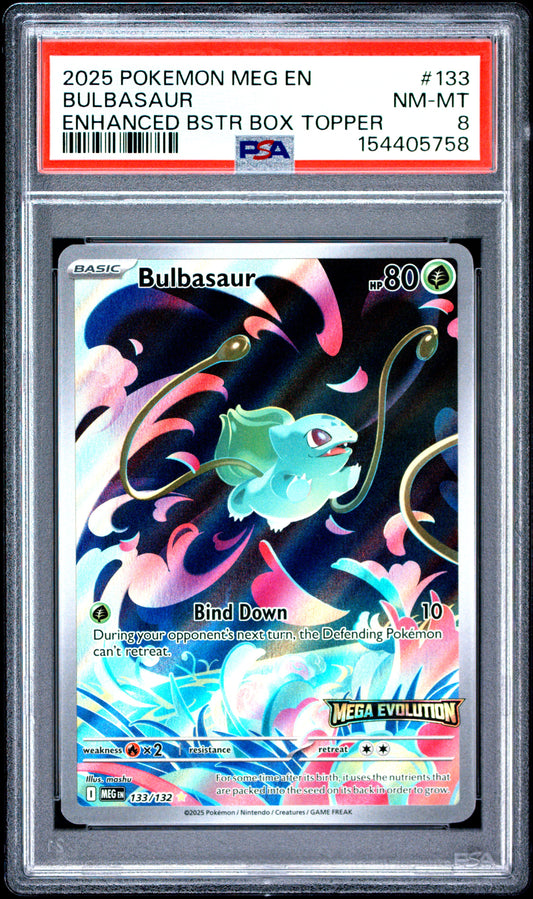 2025 POKEMON MEG EN-MEGA EVOLUTION BULBASAUR #133 ENHANCED BSTR BOX TOPPER PSA 8