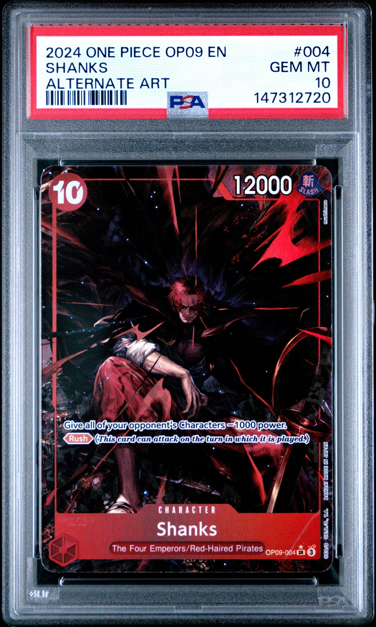 2024 ONE PIECE OP09-EMPERORS IN THE NEW WORLD SHANKS #004 ALTERNATE ART PSA 10