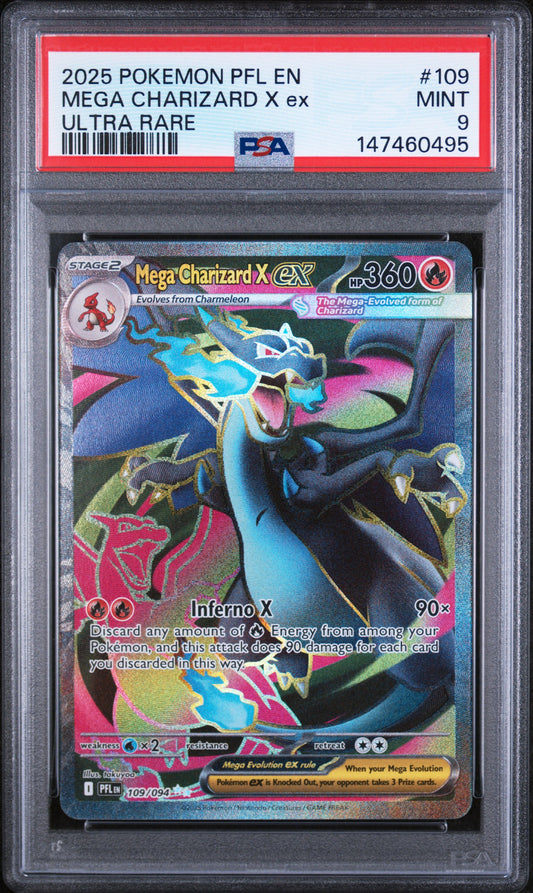 2025 POKEMON PFL EN-PHANTASMAL FLAMES MEGA CHARIZARD X ex #109 ULTRA RARE PSA 9