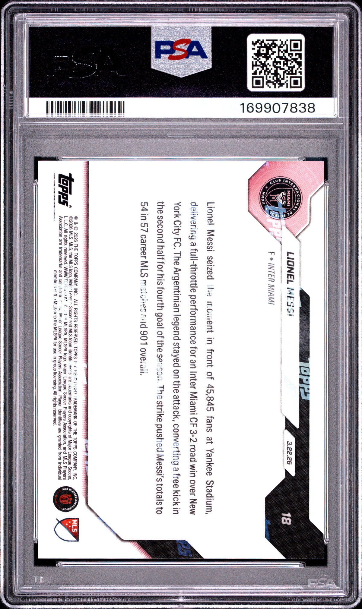 2026 TOPPS NOW MLS LIONEL MESSI #18 PSA 10
