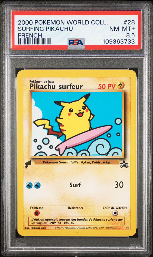 2000 POKEMON PIKACHU WORLD COLLECTION SURFING PIKACHU #28 FRENCH PSA 8