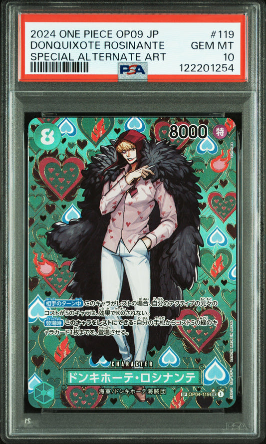 2024 ONE PIECE JAPANESE OP09-EMPERORS IN THE NEW WORLD DONQUIXOTE ROSINANTE #119 SPECIAL ALTERNATE ART PSA 10