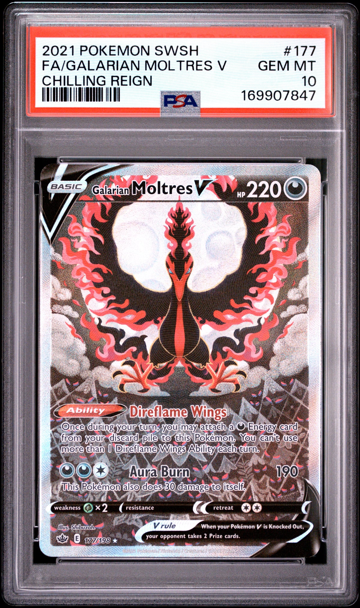 2021 POKEMON SWORD & SHIELD CHILLING REIGN FA/GALARIAN MOLTRES V #177 CHILLING REIGN PSA 10