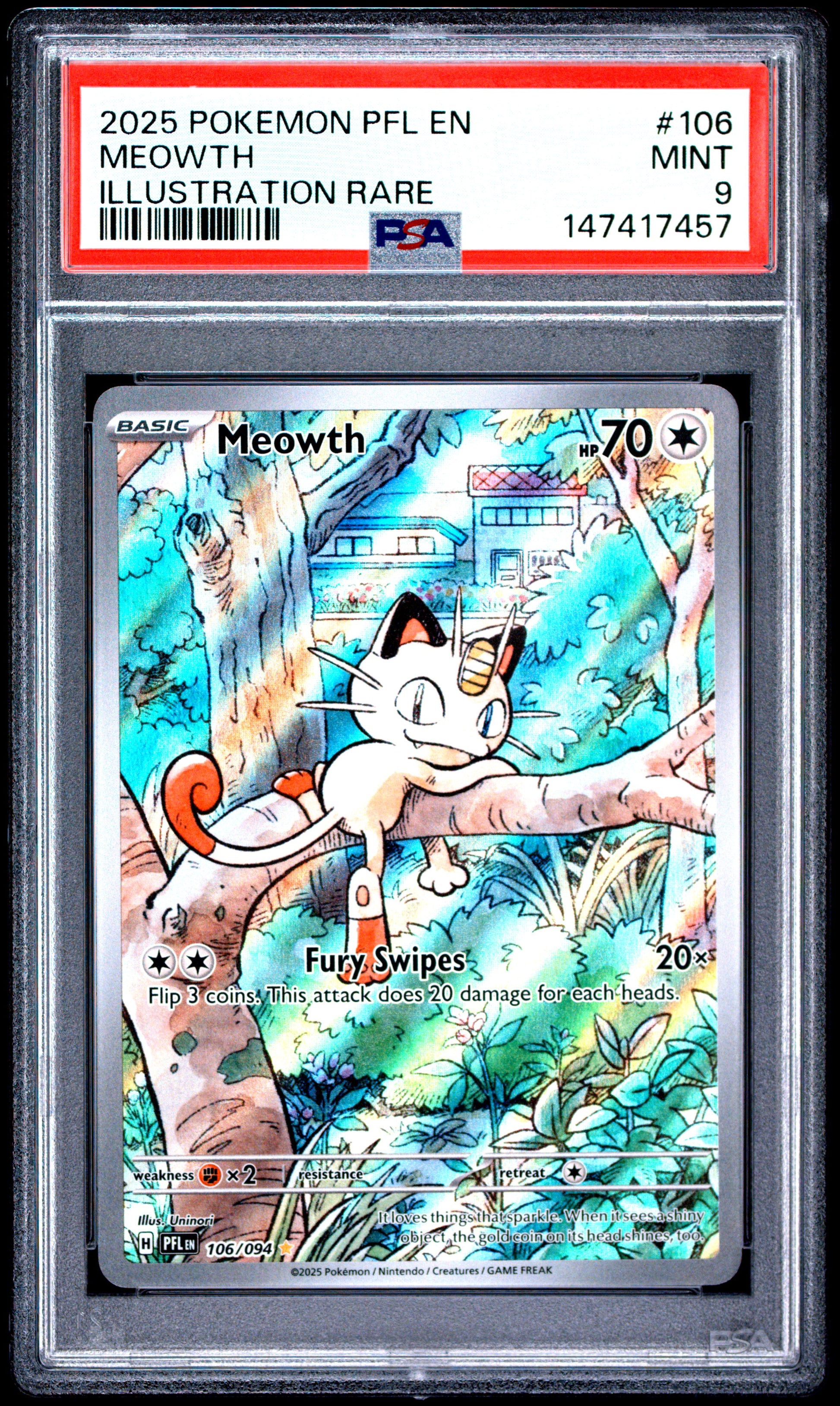 2025 POKEMON PFL EN-PHANTASMAL FLAMES MEOWTH #106 ILLUSTRATION RARE PSA 9