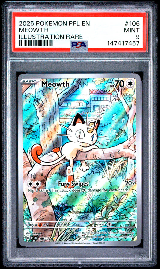 2025 POKEMON PFL EN-PHANTASMAL FLAMES MEOWTH #106 ILLUSTRATION RARE PSA 9