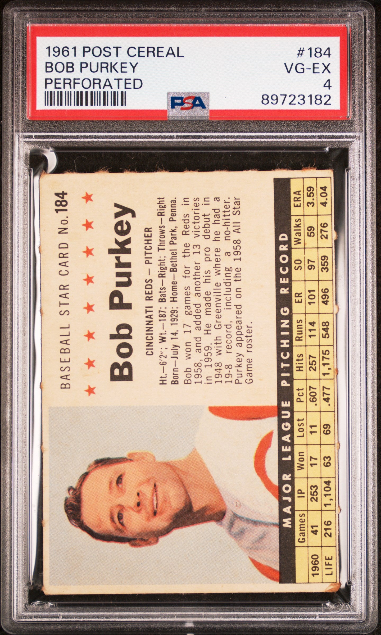 1961 POST CEREAL BOB PURKEY #184 PERFORATED PSA 4