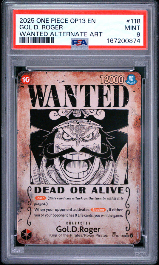 2025 ONE PIECE OP13-CARRYING ON HIS WILL GOL D. ROGER #118 WANTED ALTERNATE ART PSA 9