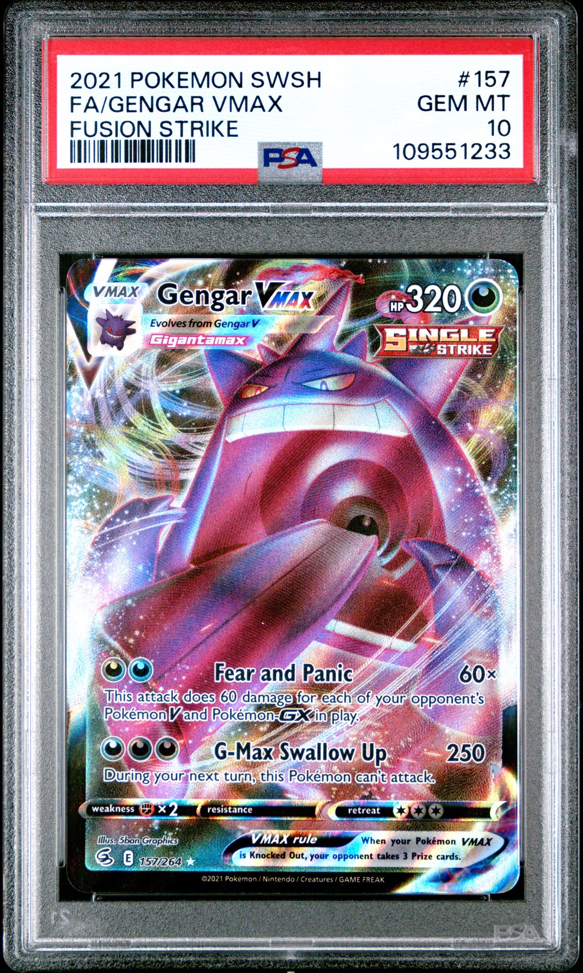2021 POKEMON SWORD & SHIELD FUSION STRIKE FA/GENGAR VMAX #157 FUSION STRIKE PSA 10