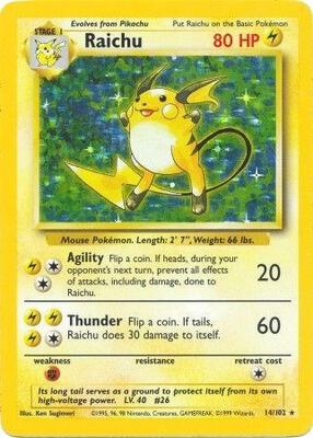 Pokemon,Base Set,Raichu - 014/102,Holofoil,Holo Rare,Damaged