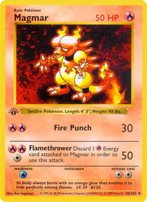 Pokemon,Base Set (Shadowless),Magmar - 036/102,Unlimited,Uncommon,Moderately Played