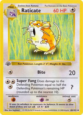 Pokemon,Base Set (Shadowless),Raticate - 040/102,1st Edition,Uncommon,Moderately Played