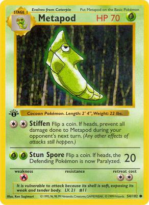 Pokemon,Base Set (Shadowless),Metapod - 054/102,1st Edition,Common,Moderately Played