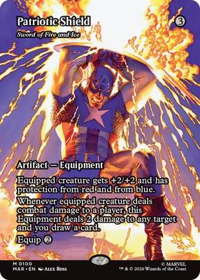 Magic: The Gathering,Marvel Universe Eternal-Legal,Patriotic Shield - Sword of Fire and Ice (Borderless) - 100,Foil,Mythic,Near Mint