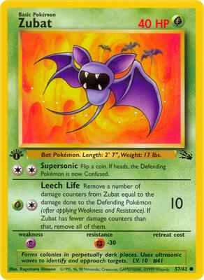 Pokemon,Fossil,Zubat - 57/62,1st Edition,Common,Moderately Played