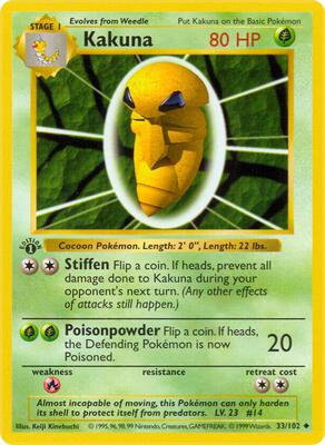 Pokemon,Base Set (Shadowless),Kakuna - 033/102,1st Edition,Uncommon,Heavily Played
