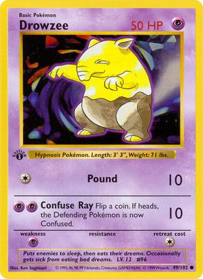 Pokemon,Base Set (Shadowless),Drowzee - 049/102,1st Edition,Common,Heavily Played